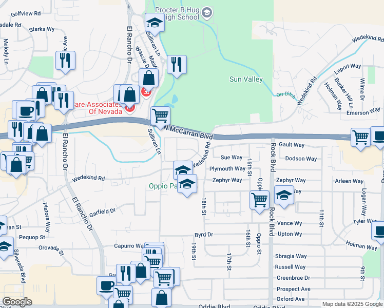 map of restaurants, bars, coffee shops, grocery stores, and more near 2750 Sullivan Lane in Sparks