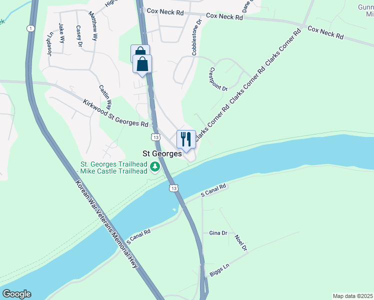 map of restaurants, bars, coffee shops, grocery stores, and more near Delaware Street in Saint Georges