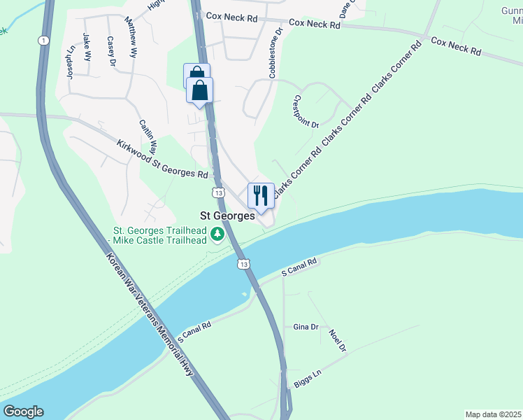 map of restaurants, bars, coffee shops, grocery stores, and more near Delaware Street in Saint Georges