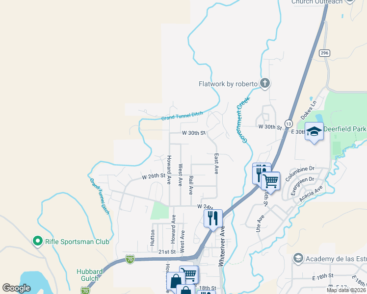 map of restaurants, bars, coffee shops, grocery stores, and more near 2803 Railroad Avenue in Rifle