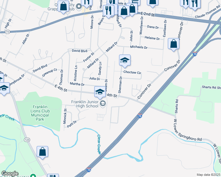 map of restaurants, bars, coffee shops, grocery stores, and more near 221 Shawnee Court in Franklin