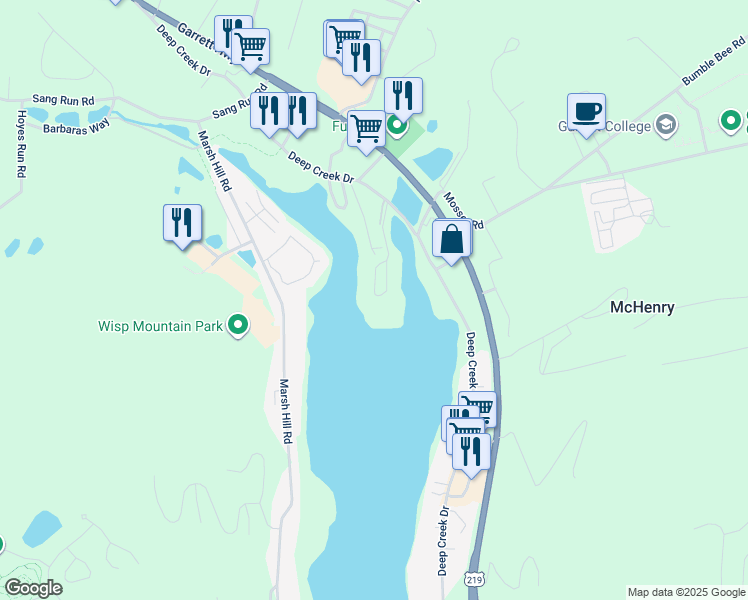 map of restaurants, bars, coffee shops, grocery stores, and more near 19 Ski Harbor Drive in McHenry