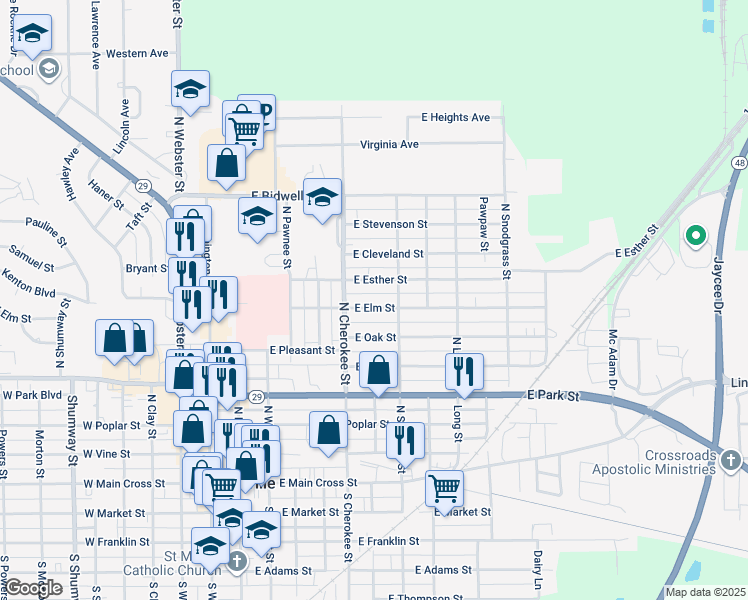map of restaurants, bars, coffee shops, grocery stores, and more near 610 East Elm Street in Taylorville