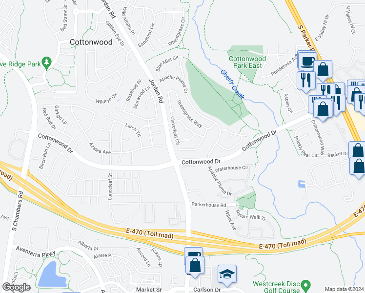 map of restaurants, bars, coffee shops, grocery stores, and more near 8884 Cloverleaf Circle in Parker