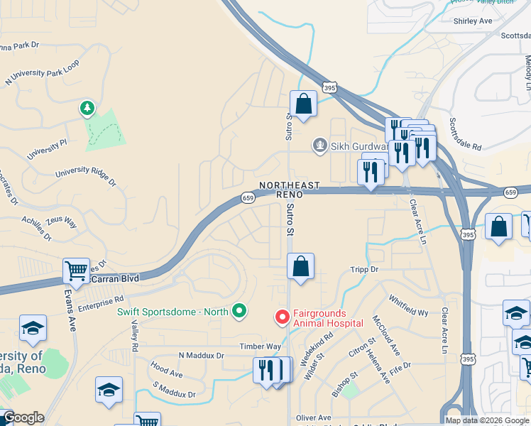 map of restaurants, bars, coffee shops, grocery stores, and more near 2715 Dahlia Way in Reno