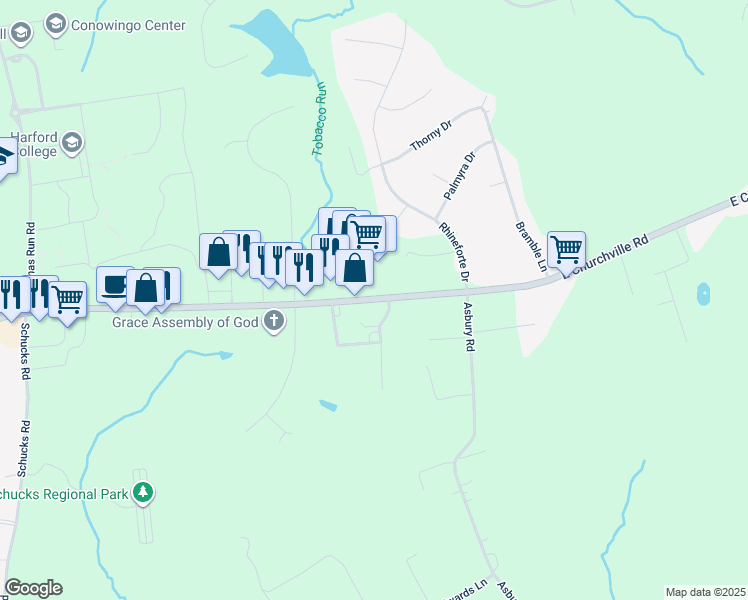 map of restaurants, bars, coffee shops, grocery stores, and more near 2458 Churchville Road in Bel Air
