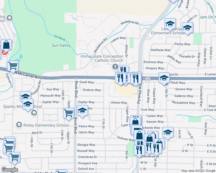 map of restaurants, bars, coffee shops, grocery stores, and more near 1055 Roberta Lane in Sparks