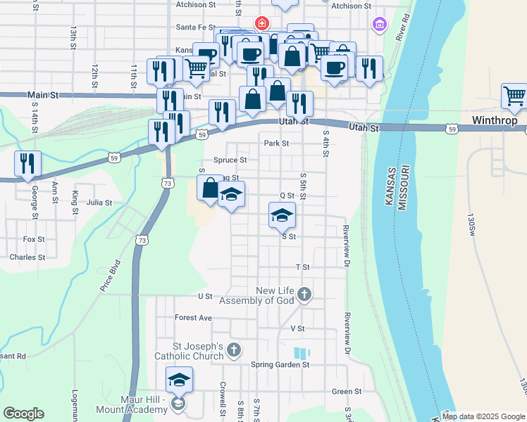 map of restaurants, bars, coffee shops, grocery stores, and more near 613 R Street in Atchison