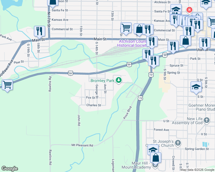 map of restaurants, bars, coffee shops, grocery stores, and more near 1400-1448 Center St in Atchison