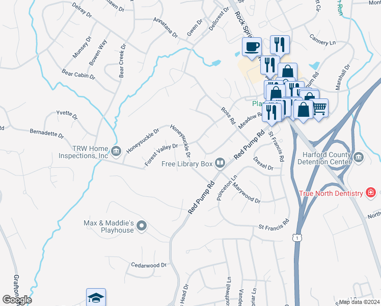 map of restaurants, bars, coffee shops, grocery stores, and more near 1517 Honeysuckle Drive in Bel Air