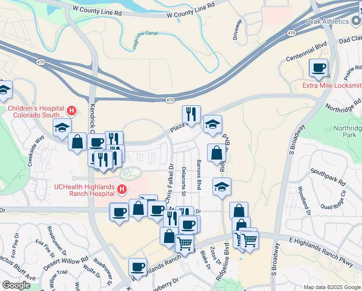map of restaurants, bars, coffee shops, grocery stores, and more near 955 Ramblestone Lane in Littleton