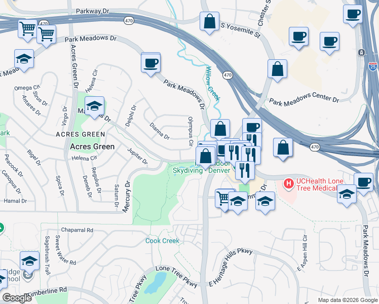 map of restaurants, bars, coffee shops, grocery stores, and more near 172 Olympus Circle in Lone Tree