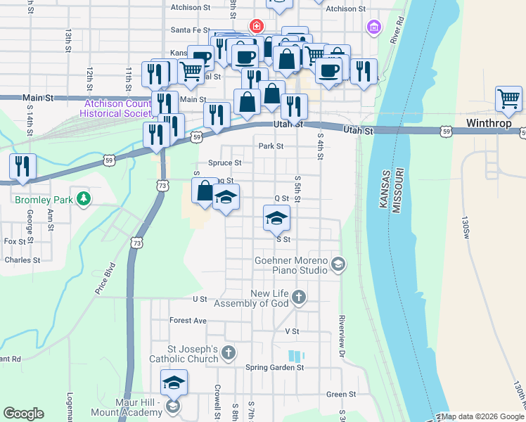 map of restaurants, bars, coffee shops, grocery stores, and more near 608 R Street in Atchison