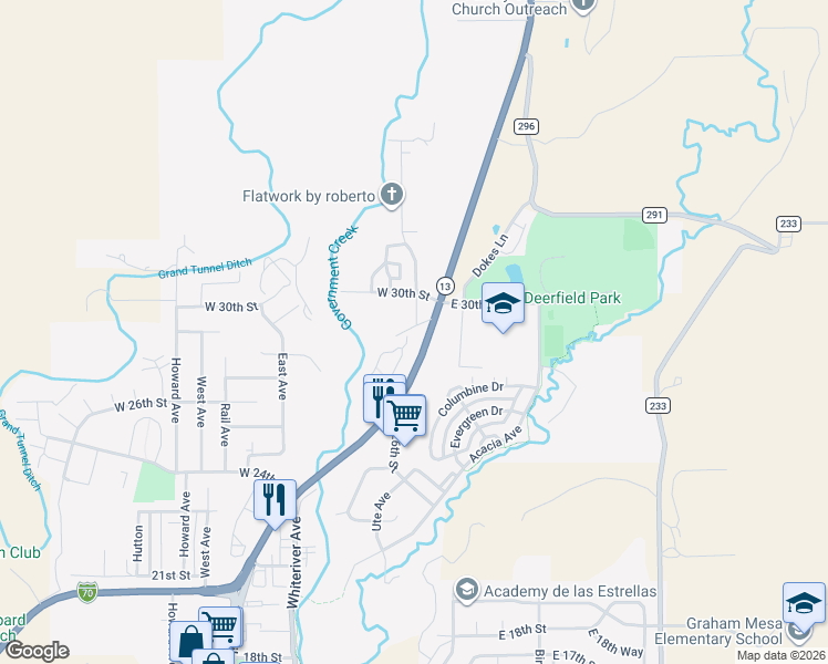 map of restaurants, bars, coffee shops, grocery stores, and more near 172 West 26th Street in Rifle