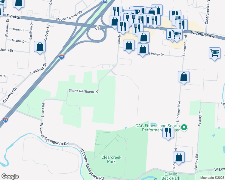 map of restaurants, bars, coffee shops, grocery stores, and more near 7806 Sharts Road in Springboro