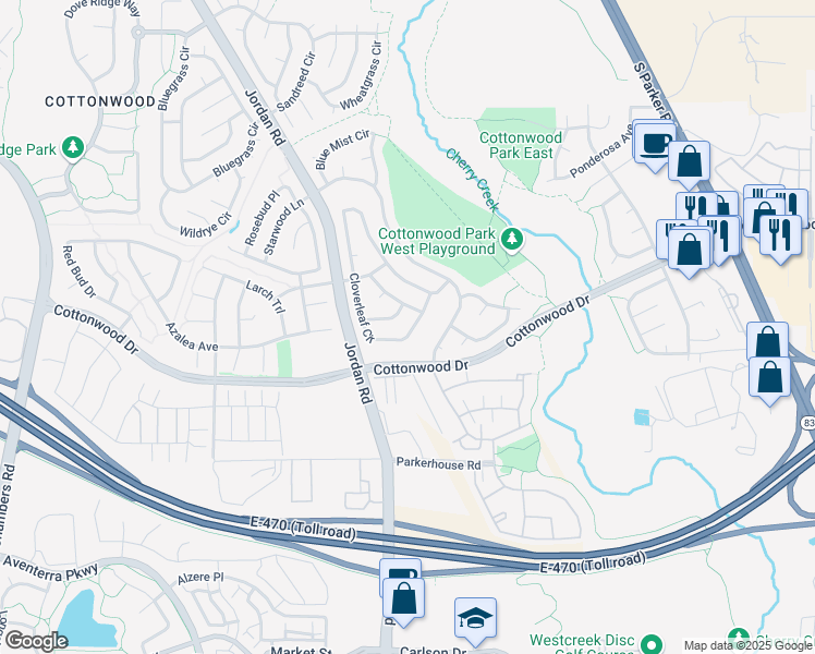 map of restaurants, bars, coffee shops, grocery stores, and more near 8940 Cloverleaf Circle in Parker