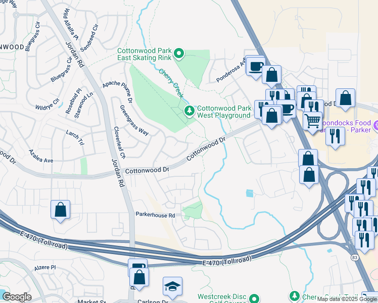 map of restaurants, bars, coffee shops, grocery stores, and more near 17240 Yellow Rose Way in Parker