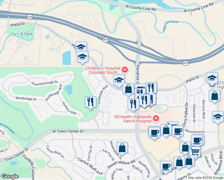 map of restaurants, bars, coffee shops, grocery stores, and more near 8876 Edinburgh Circle in Highlands Ranch