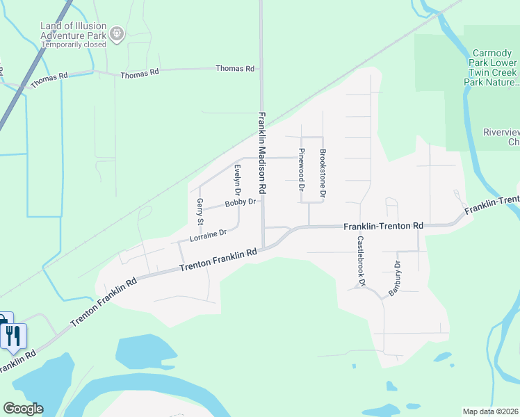 map of restaurants, bars, coffee shops, grocery stores, and more near 6611 Franklin Madison Road in Middletown