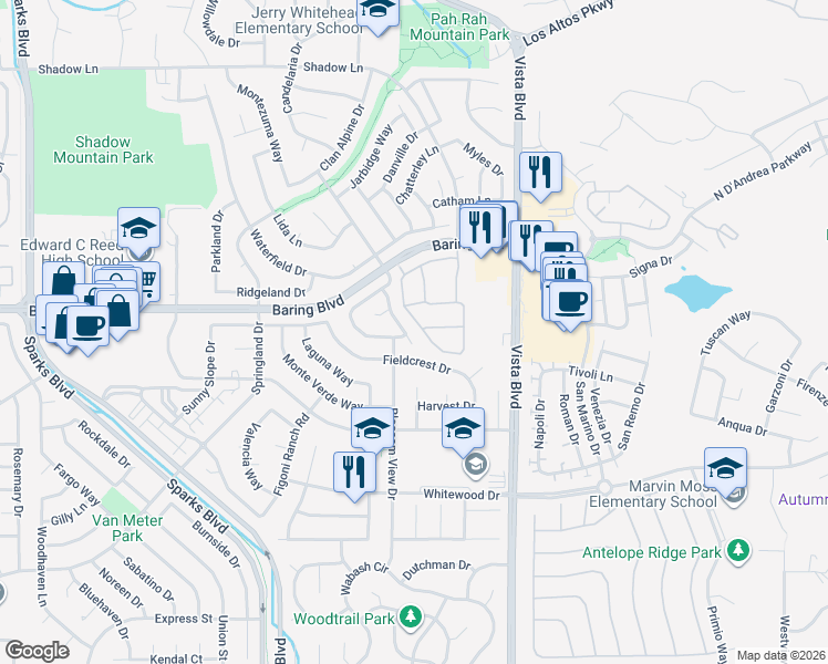 map of restaurants, bars, coffee shops, grocery stores, and more near 2794 Ashley Park Drive in Sparks