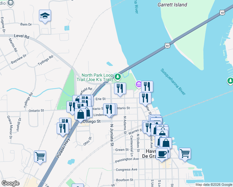 map of restaurants, bars, coffee shops, grocery stores, and more near 814 Locust Street in Havre de Grace