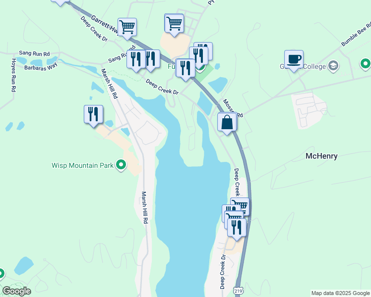 map of restaurants, bars, coffee shops, grocery stores, and more near 19 Ski Harbor Drive in McHenry