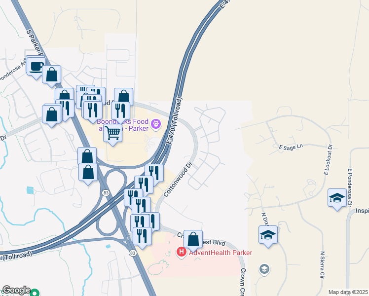 map of restaurants, bars, coffee shops, grocery stores, and more near 19160 Cottonwood Drive in Parker