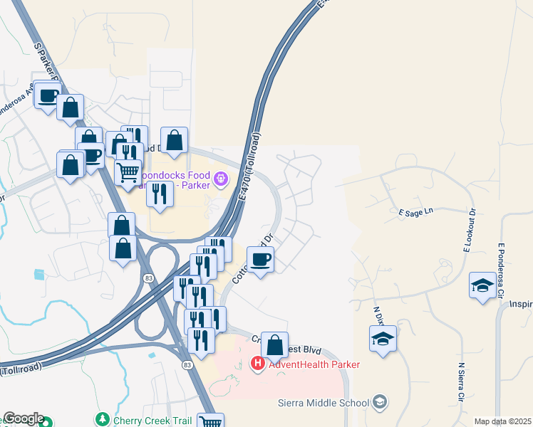 map of restaurants, bars, coffee shops, grocery stores, and more near 19160 Cottonwood Drive in Parker