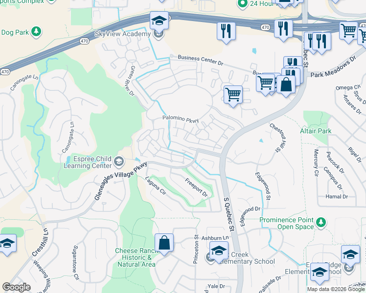 map of restaurants, bars, coffee shops, grocery stores, and more near 6480 Silver Mesa Drive in Littleton