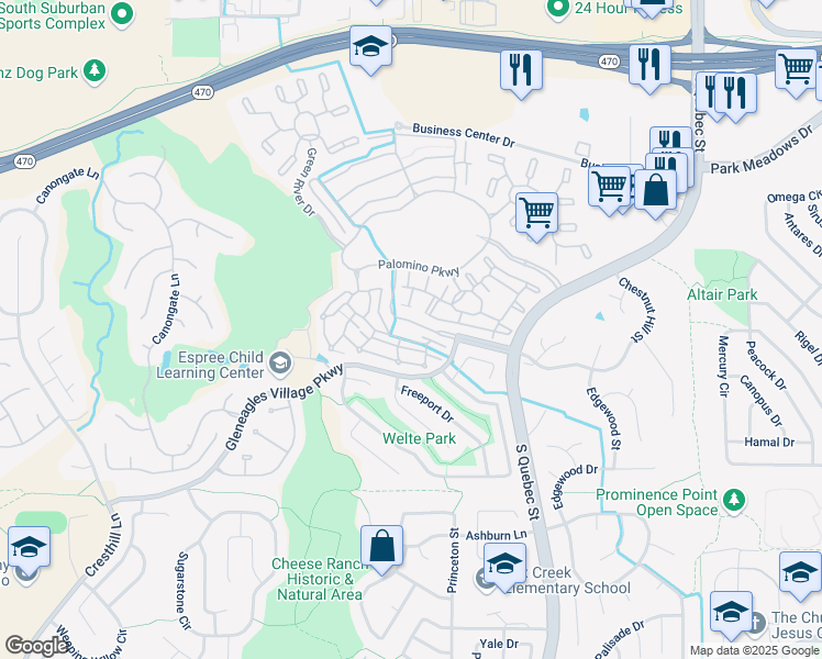 map of restaurants, bars, coffee shops, grocery stores, and more near 6466 Silver Mesa Drive in Littleton