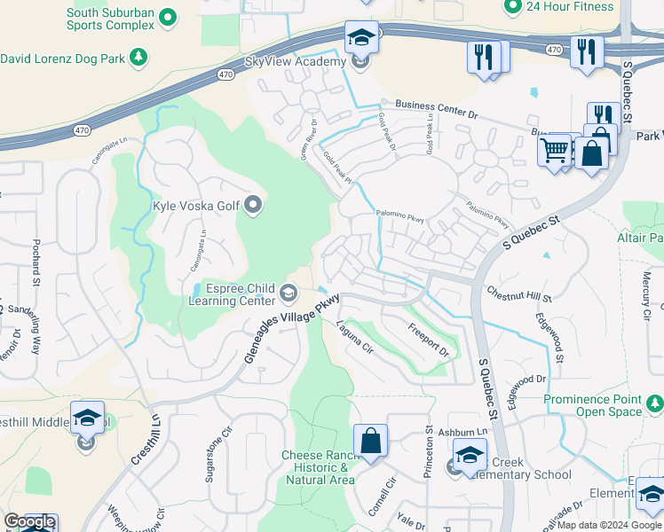 map of restaurants, bars, coffee shops, grocery stores, and more near 6430 Silver Mesa Drive in Littleton