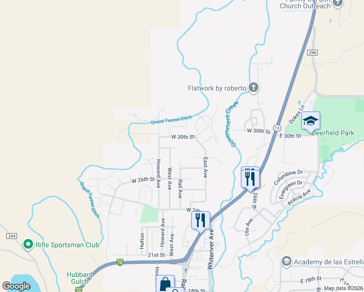 map of restaurants, bars, coffee shops, grocery stores, and more near 2803 Railroad Avenue in Rifle