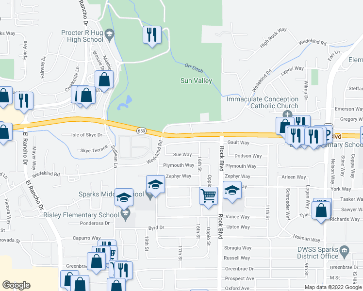 map of restaurants, bars, coffee shops, grocery stores, and more near 1693 Gault Way in Sparks