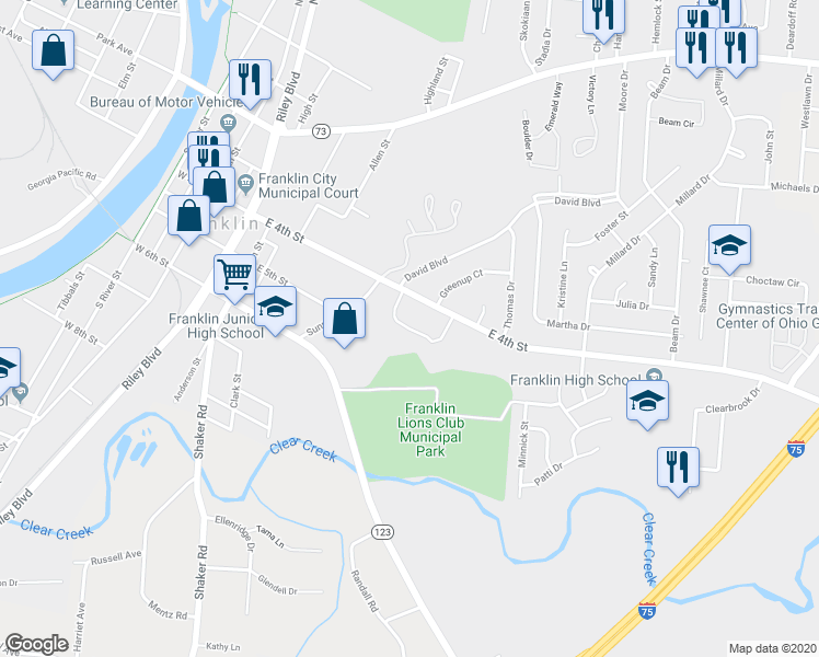 map of restaurants, bars, coffee shops, grocery stores, and more near 401 Mission Lane in Franklin