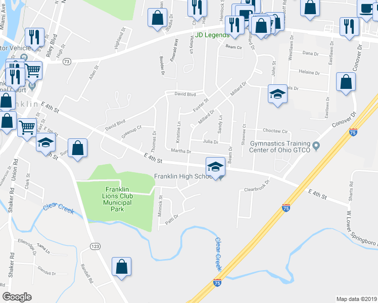 map of restaurants, bars, coffee shops, grocery stores, and more near 615 Millard Drive in Franklin