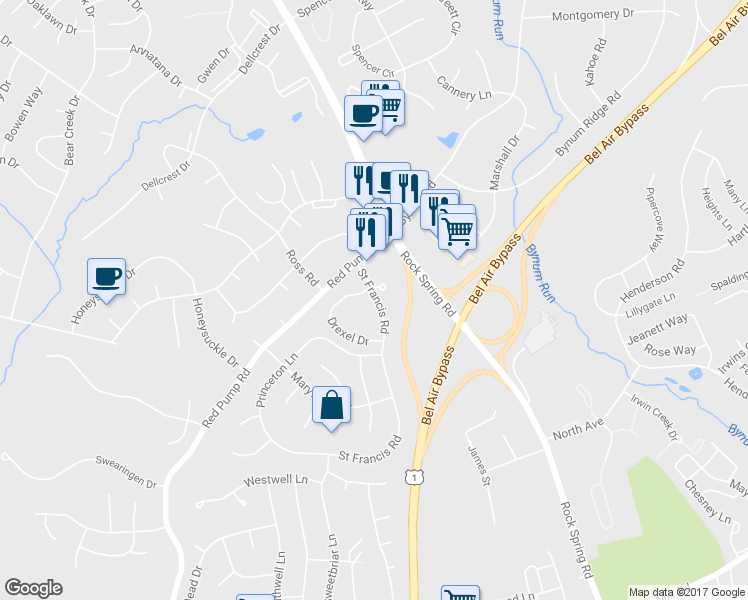 map of restaurants, bars, coffee shops, grocery stores, and more near 1404 Saint Francis Road in Bel Air