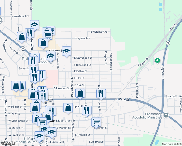 map of restaurants, bars, coffee shops, grocery stores, and more near 712 East Cleveland Street in Taylorville