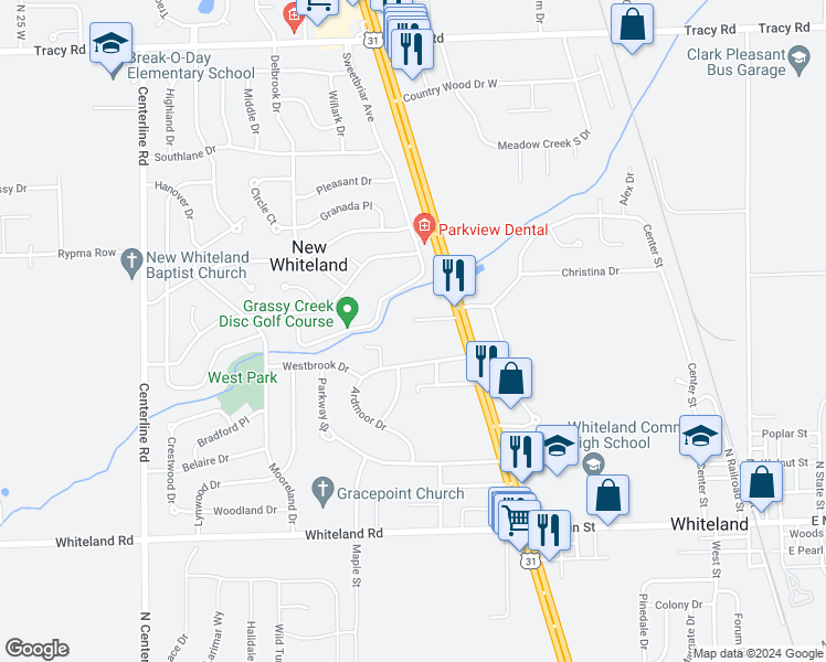 map of restaurants, bars, coffee shops, grocery stores, and more near 549 Brahmin Park Drive in Whiteland