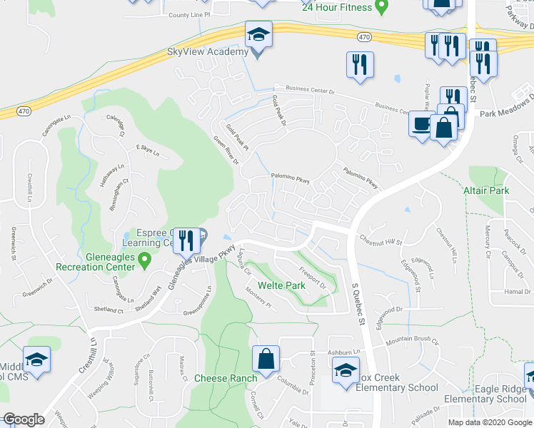 map of restaurants, bars, coffee shops, grocery stores, and more near 6500 Silver Mesa Drive in Littleton