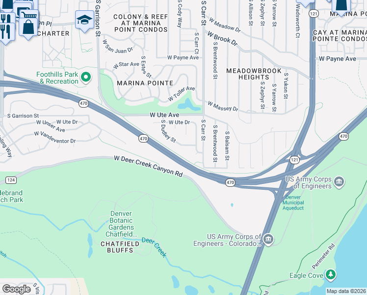 map of restaurants, bars, coffee shops, grocery stores, and more near 8828 South Dudley Street in Littleton