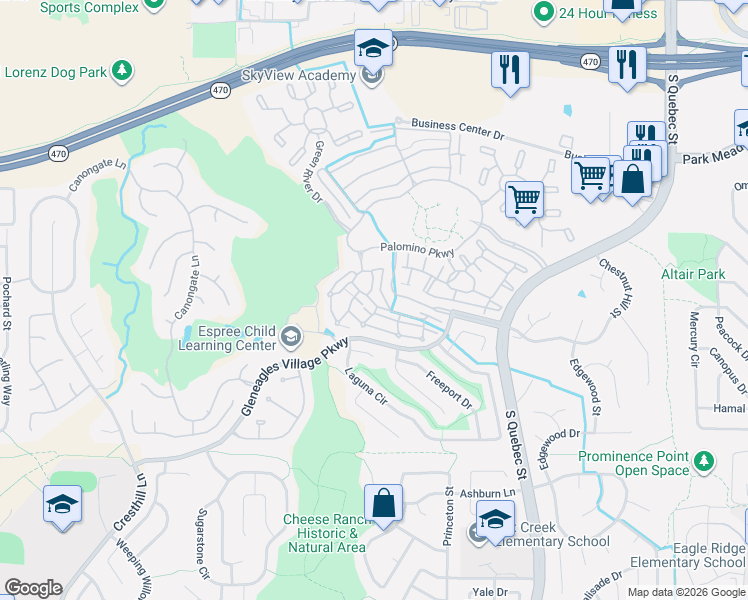 map of restaurants, bars, coffee shops, grocery stores, and more near 6498 Silver Mesa Drive in Highlands Ranch