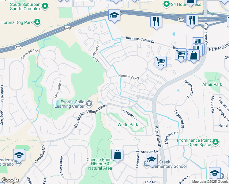 map of restaurants, bars, coffee shops, grocery stores, and more near 6498 Silver Mesa Drive in Littleton