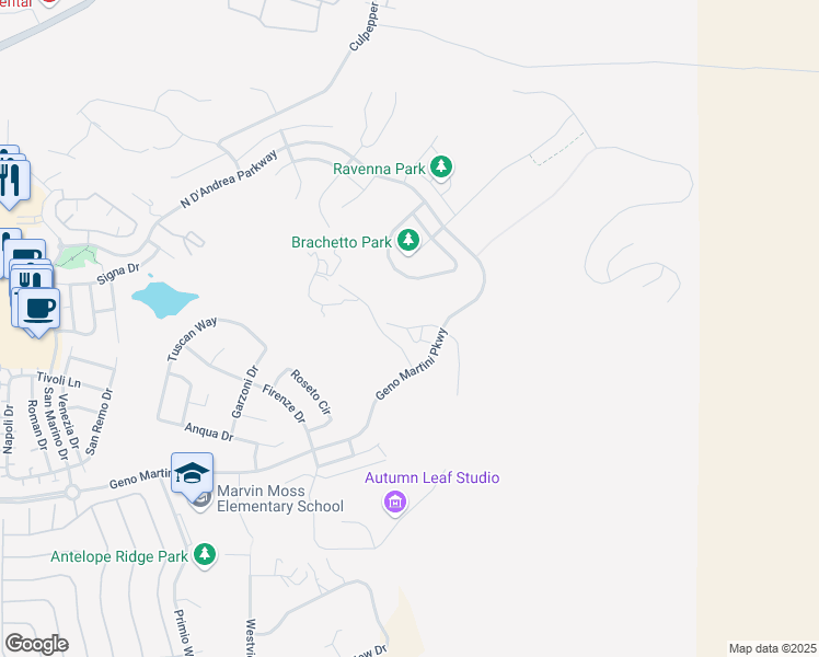 map of restaurants, bars, coffee shops, grocery stores, and more near Garda Court in Sparks