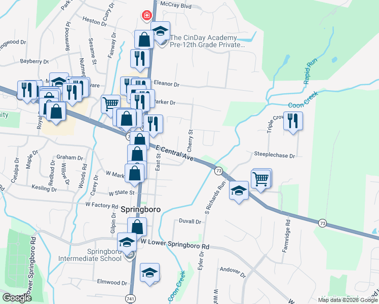 map of restaurants, bars, coffee shops, grocery stores, and more near 112 Cherry Street in Springboro