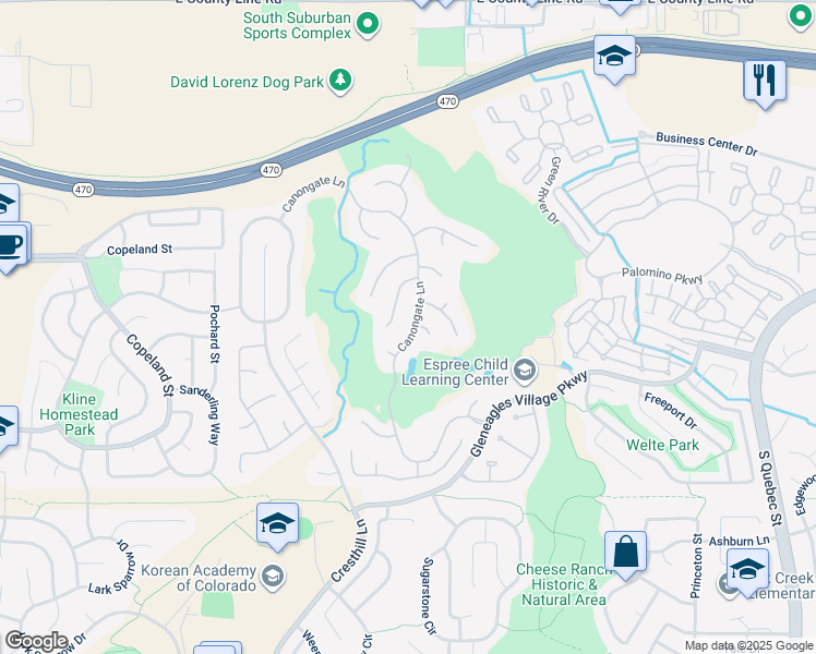 map of restaurants, bars, coffee shops, grocery stores, and more near 49 Canongate Lane in Littleton