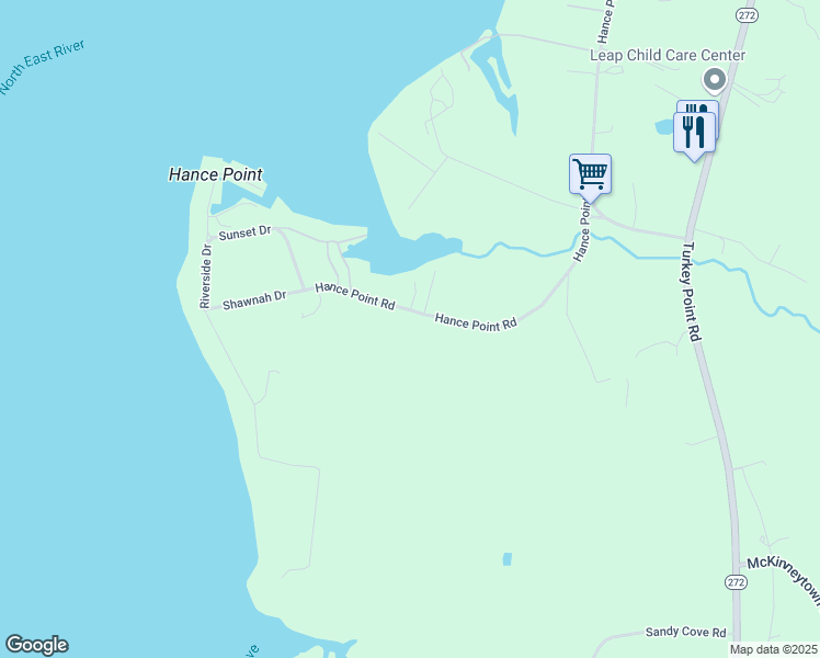 map of restaurants, bars, coffee shops, grocery stores, and more near 196 Hances Point Road in North East