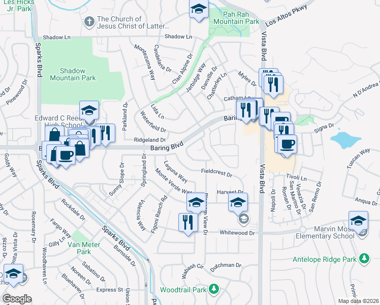 map of restaurants, bars, coffee shops, grocery stores, and more near 1697 Round Mountain Circle in Sparks