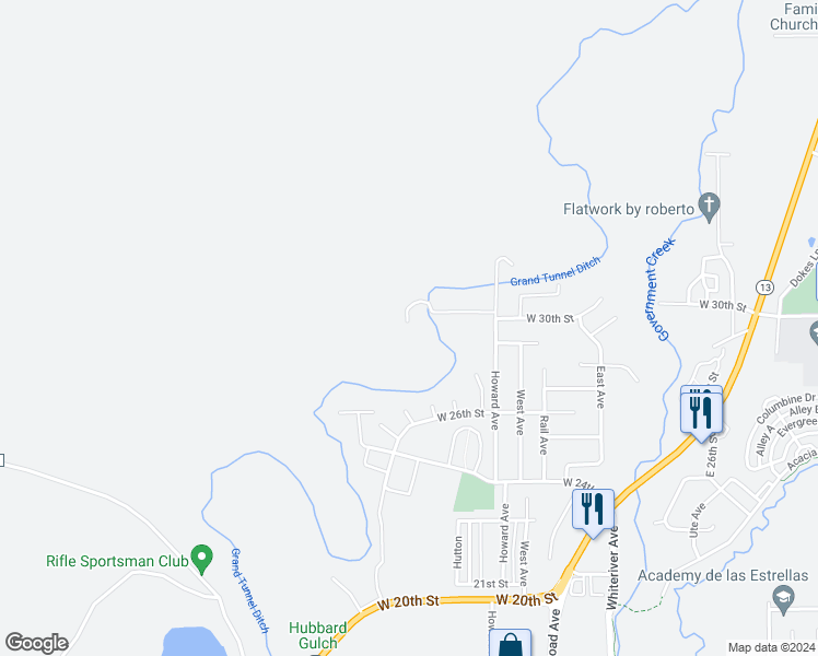 map of restaurants, bars, coffee shops, grocery stores, and more near 3001 Howard Avenue in Rifle