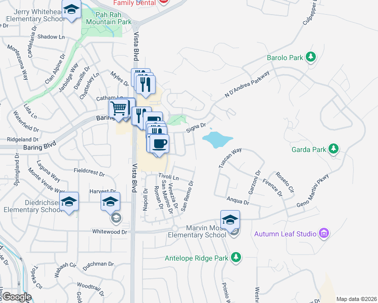 map of restaurants, bars, coffee shops, grocery stores, and more near 2805 Cintoia Drive in Sparks