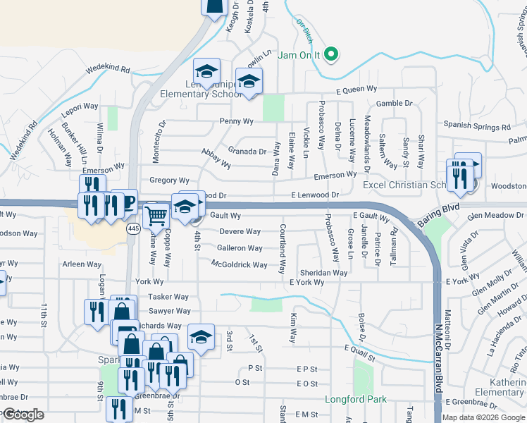 map of restaurants, bars, coffee shops, grocery stores, and more near 197 Lenwood Drive in Sparks